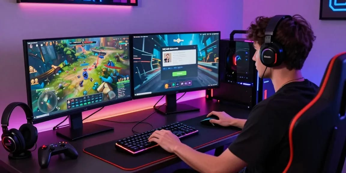 Raja Game login scene showcasing a focused gamer at a modern gaming setup with vibrant graphics.