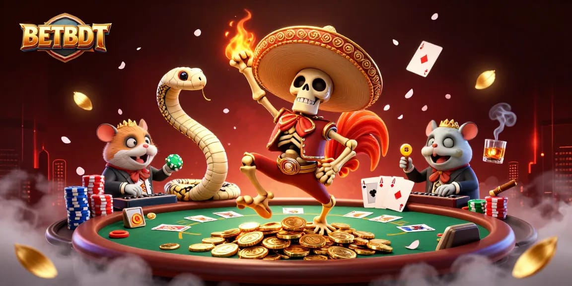 BETBDT's thrilling victory dance scene featuring a lively mariachi rooster, mummy snake, and zombie hamster DJ with vibrant casino elements.