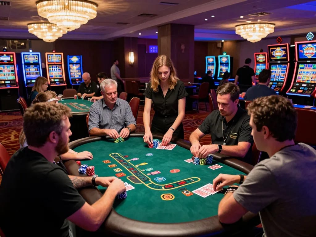 Players at a blackjack table showcasing excitement at a nhà cái uy tín casino, under warm lighting.