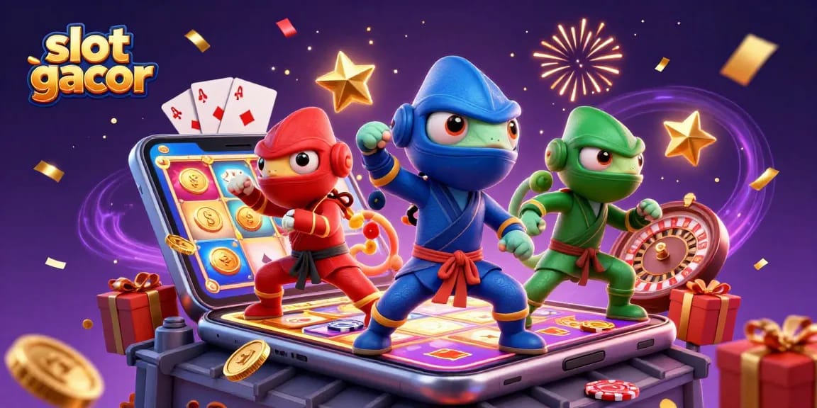 Engage in slot gacor thrills with a dynamic scene featuring ninja chameleons and casino elements.