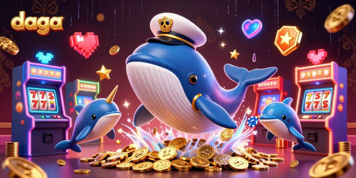 Experience thrilling gaming with daga’s giant whale mascot in a vibrant casino scene.
