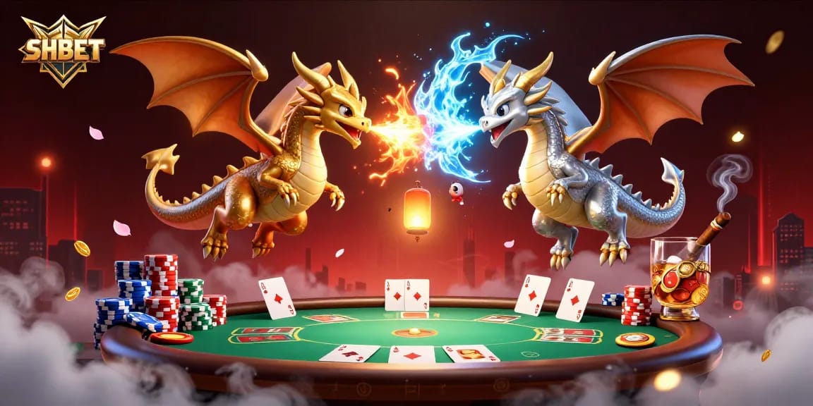 Engage in thrilling SHBET gaming with golden and silver dragons battling, festive poker elements.