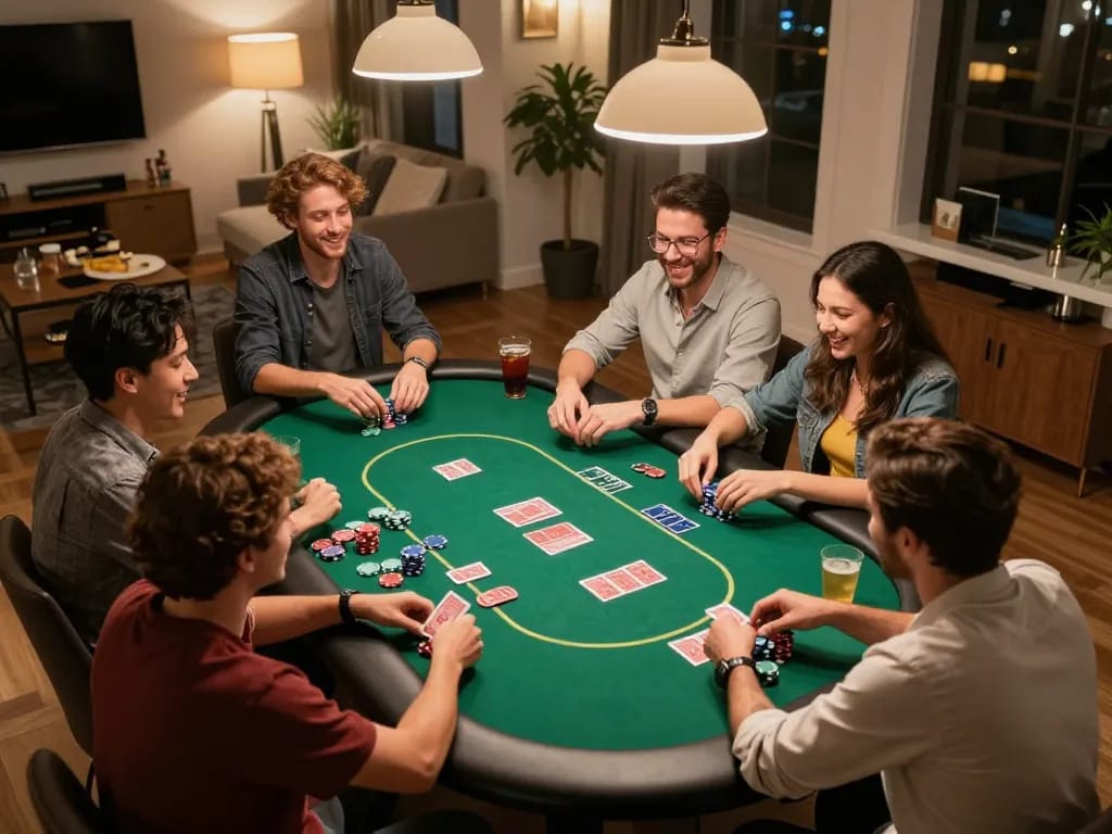 Friends enjoying poker night at home with PH22 app visible on smartphone, lively gaming atmosphere