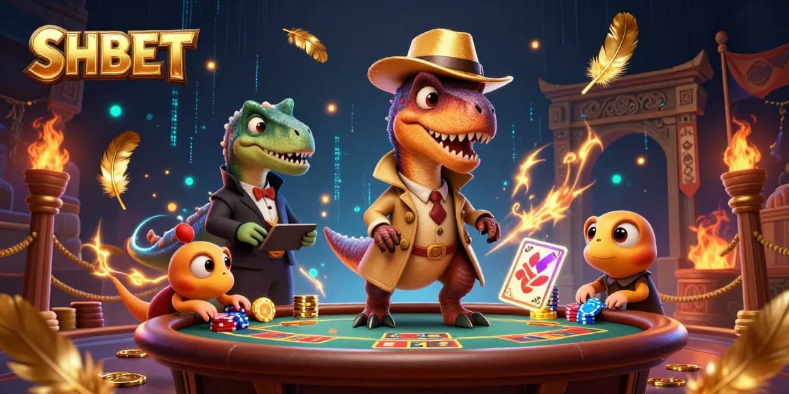 Experience SHBET excitement with a vivid scene of cartoon characters immersing in casino action.
