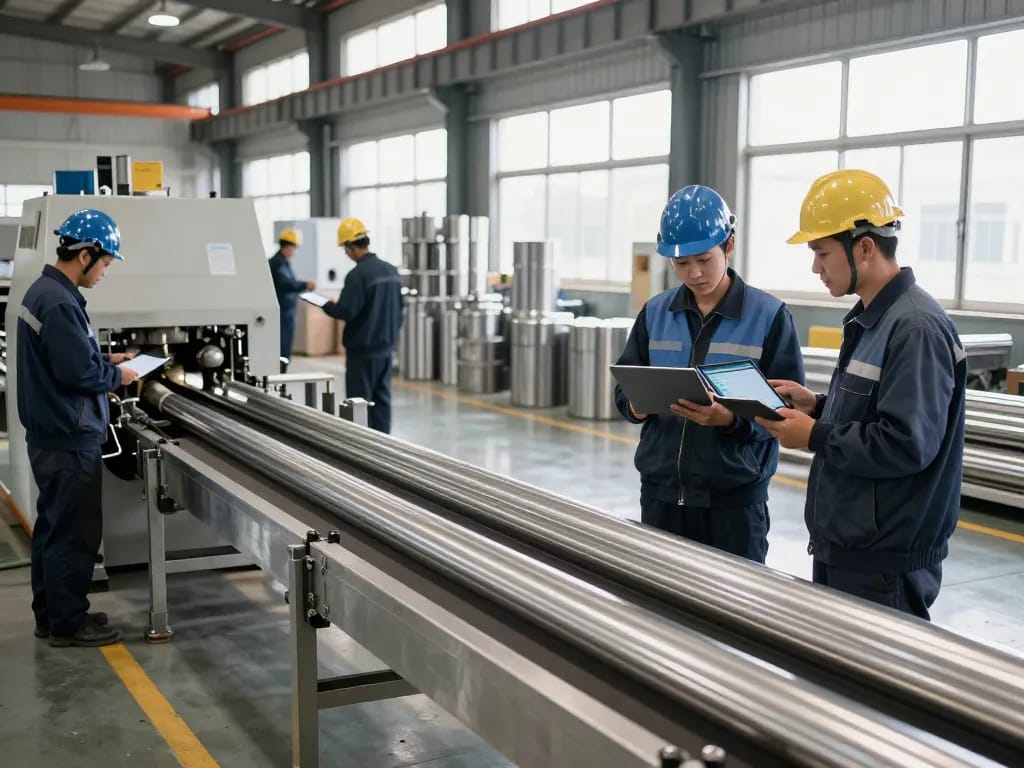 Workers inspecting Sumwin stainless steel pipes in a bright manufacturing facility.