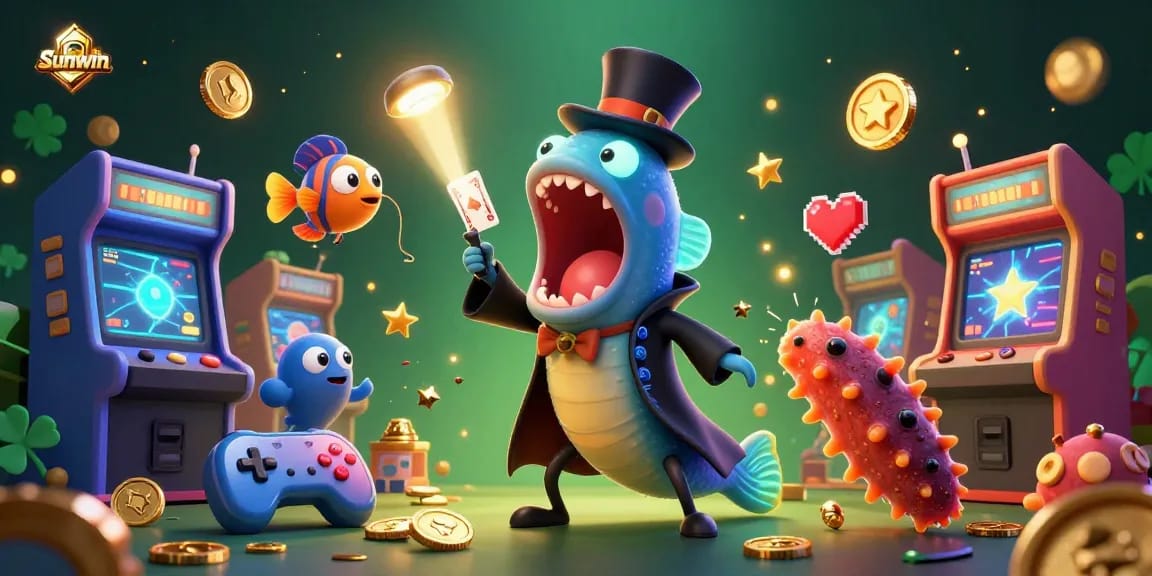 Sunwin showcases a vibrant 3D gaming scene featuring whimsical sea creatures engaging in casino-themed activities, perfect for online gamblers.