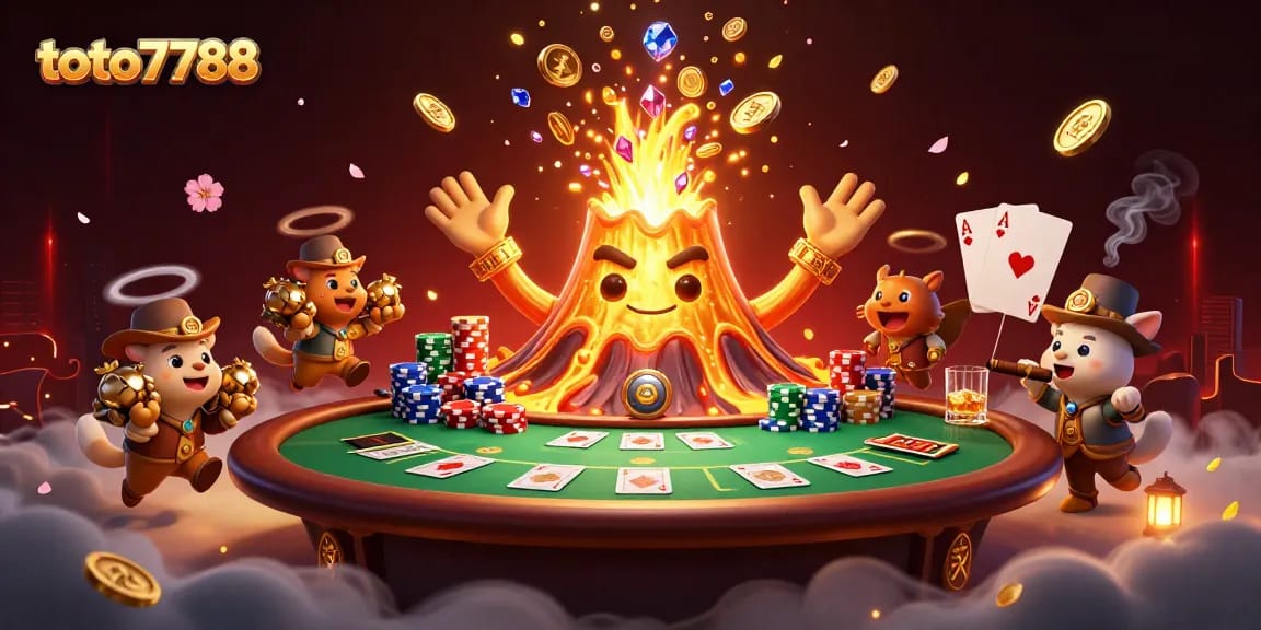 Experience the thrill with toto7788's games as a golden volcano erupts treasures amidst a bustling casino scene.