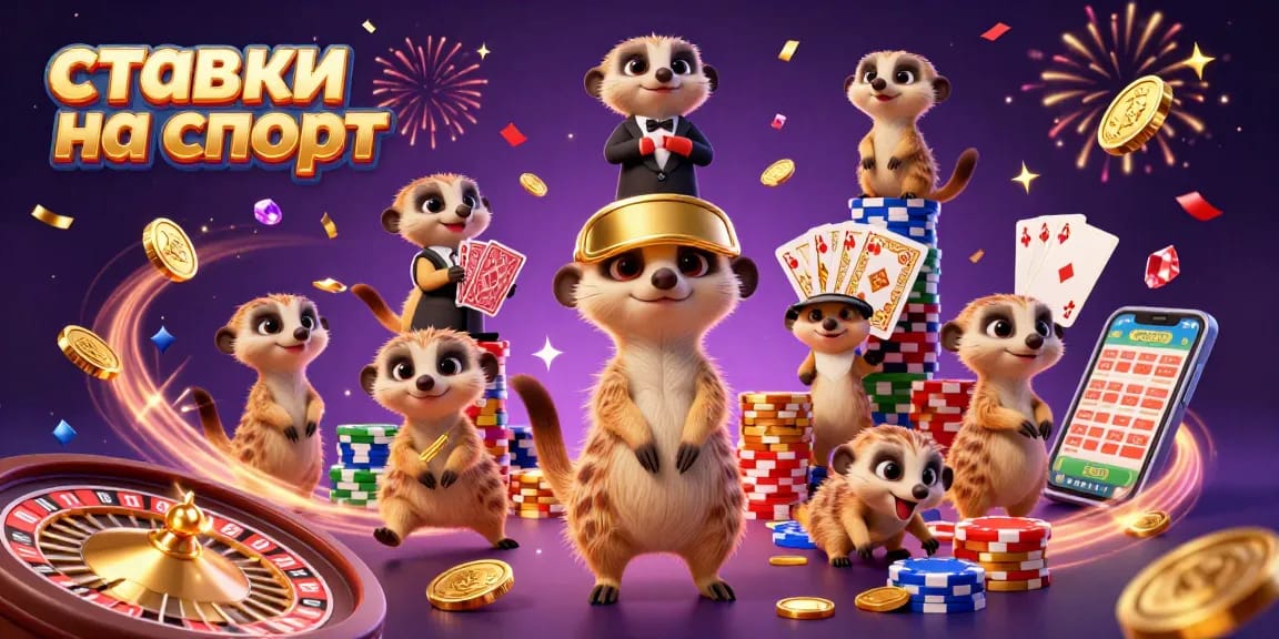 Bettors enjoy ставки на спорт with meerkats managing an energetic sports betting scene, showcasing live action and excitement.