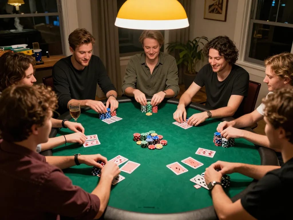 Sahabat yang terlibat menikmati permainan poker dengan merek bayi toto, chip dan kartu terlihat di lingkungan rumah yang nyaman