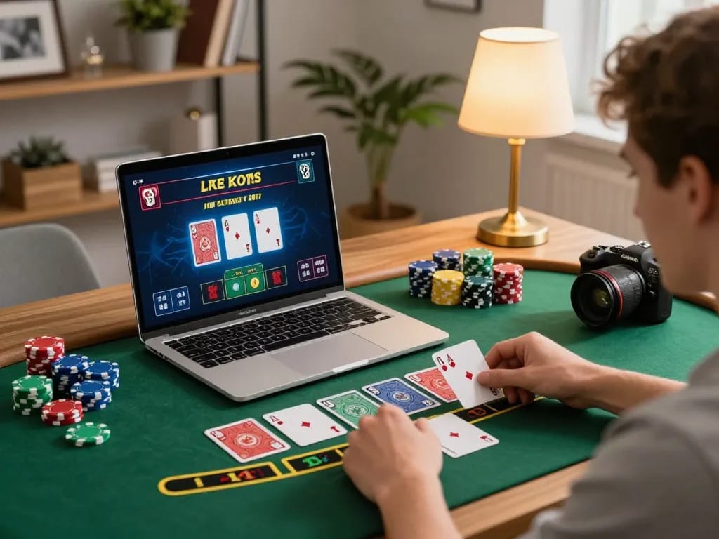 Engaging in an exciting ku88 blackjack game online with colorful cards and chips visible on the laptop.
