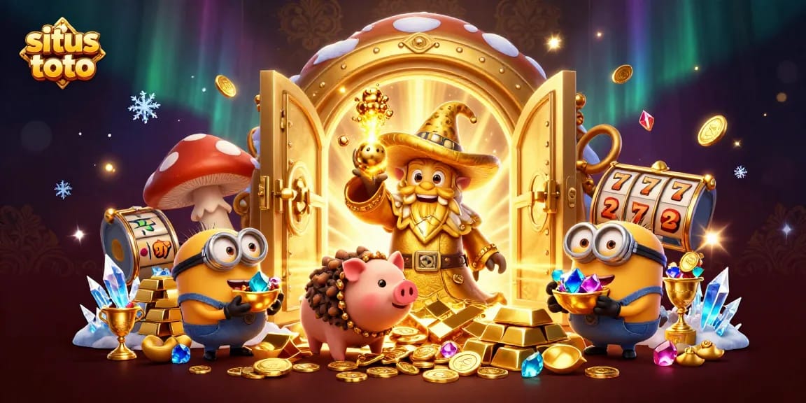 Situs toto scene depicting a golden wizard and treasure seekers in a casino-themed fantasy.