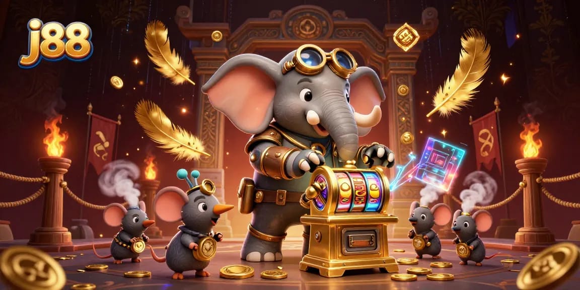 Experience the excitement of j88 with a dynamic steampunk elephant engineer at a golden slot machine amid vibrant casino elements.