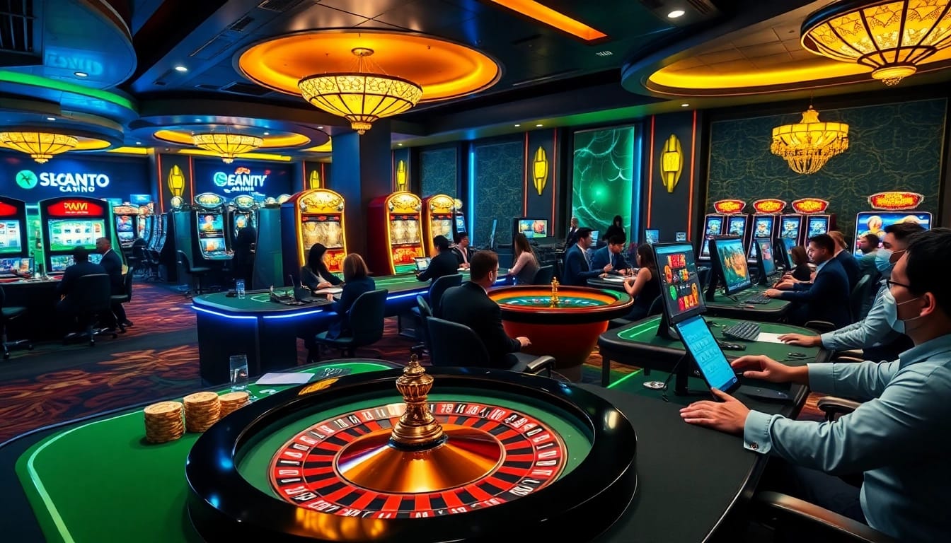 Experience คาสิโนออนไลน์รองรับทั้งคอมพิวเตอร์และมือถือ with engaging online gambling action at a vibrant casino setting.
