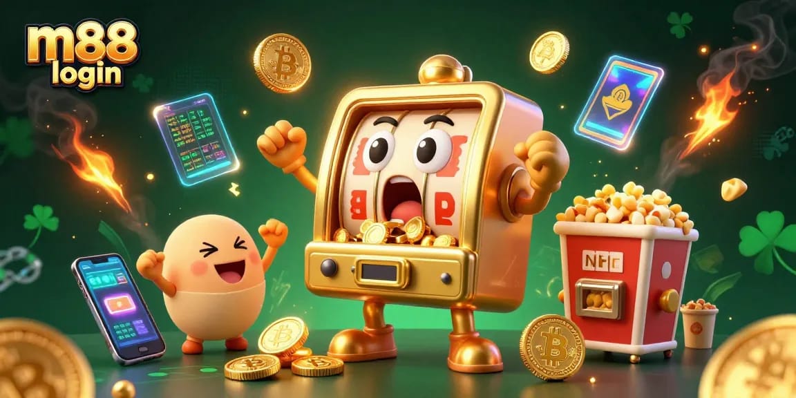 Spin the reels for big wins at m88 login, featuring animated slot machines and coins everywhere.