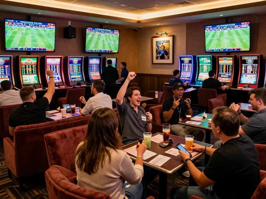 Excited patrons engaging in dynamic sports betting at JUN88's upscale lounge during an event.