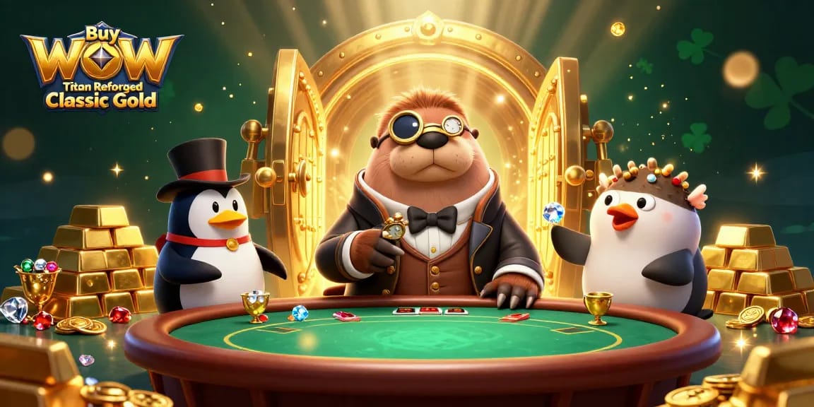 Buy WoW Titan Reforged Classic Gold in a vibrant 3D casino scene with characters at a poker table