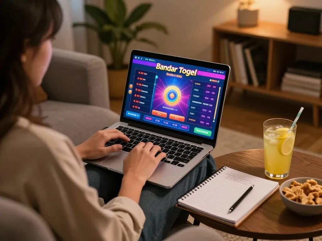 Engaging in bandar togel online with a laptop in a cozy home setting.