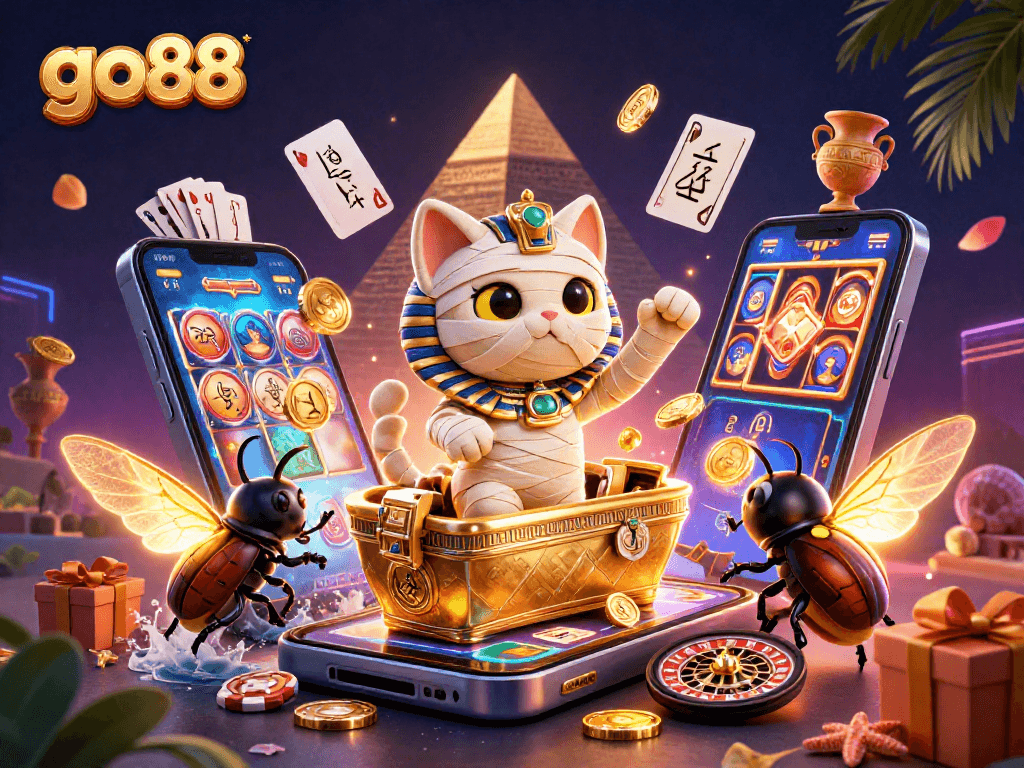 Engage with go88's thrilling casino world featuring a mummy cat and gaming elements.