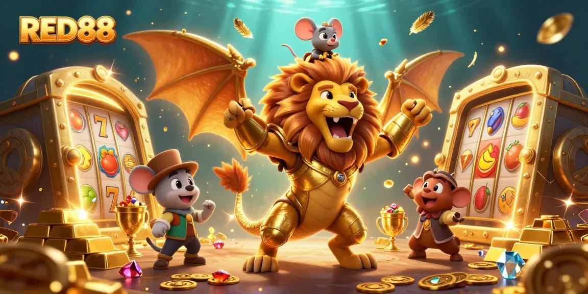Engage with RED88's thrilling world, featuring a majestic chimera and dazzling slot symbols.