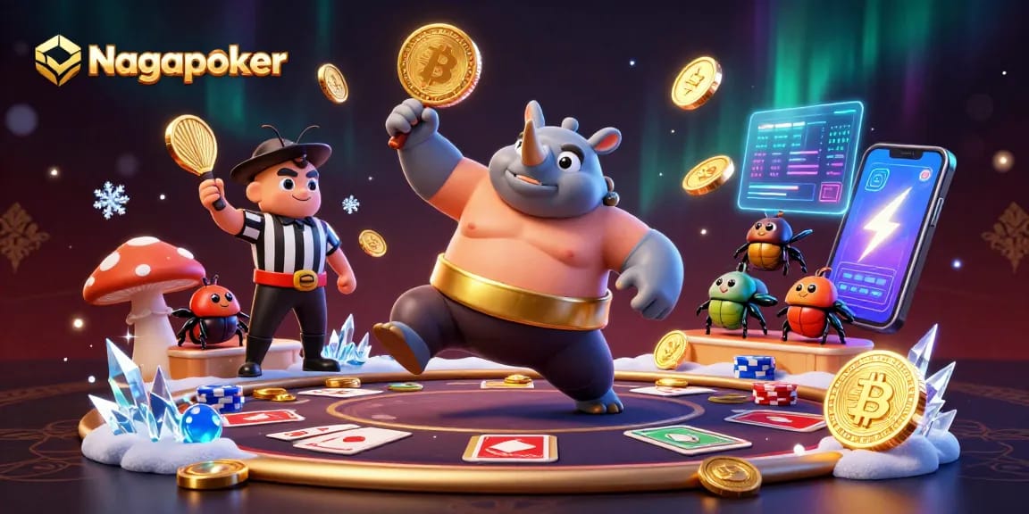 Nagapoker showcases a vibrant poker scene with a sumo beetle champion, flying coins, and dynamic crypto elements.