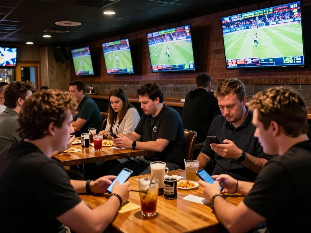 Betting on live sports at 789win with friends, showcasing real-time odds in an energetic sports bar.