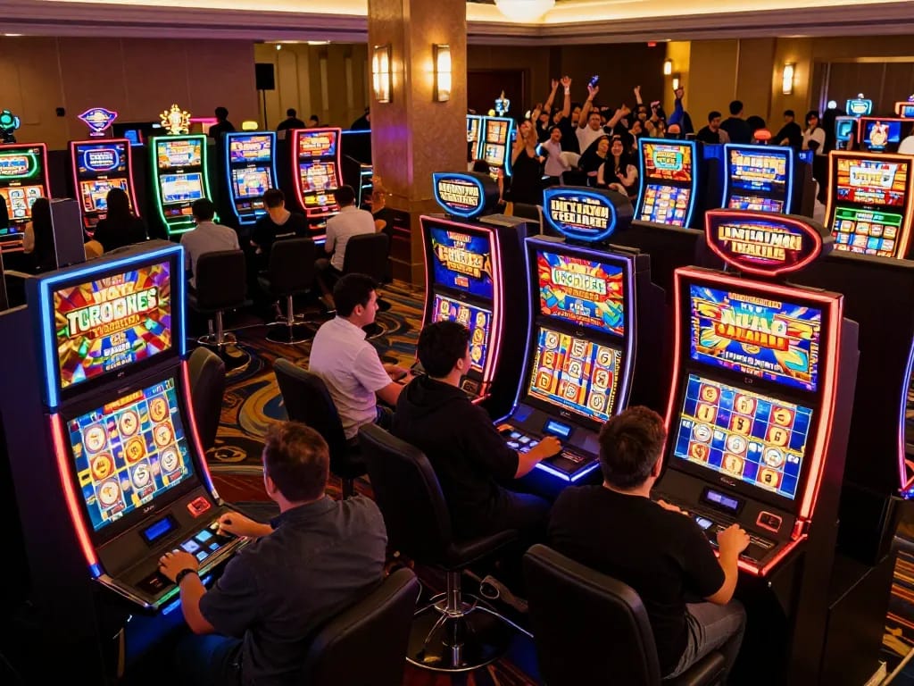 Players experiencing the thrill of bonus new member starting their journey at a vibrant slot machine tournament.