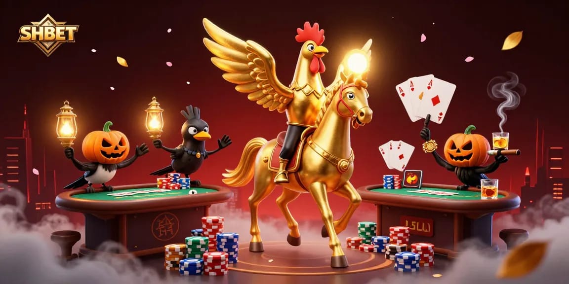 Experience thrilling gameplay at SHBET with a golden rooster riding through a vibrant casino scene.