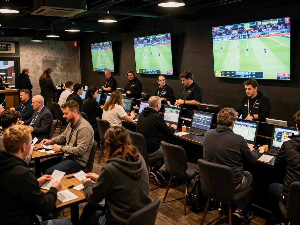 Exciting sports betting atmosphere at 888NEW with fans actively placing bets.