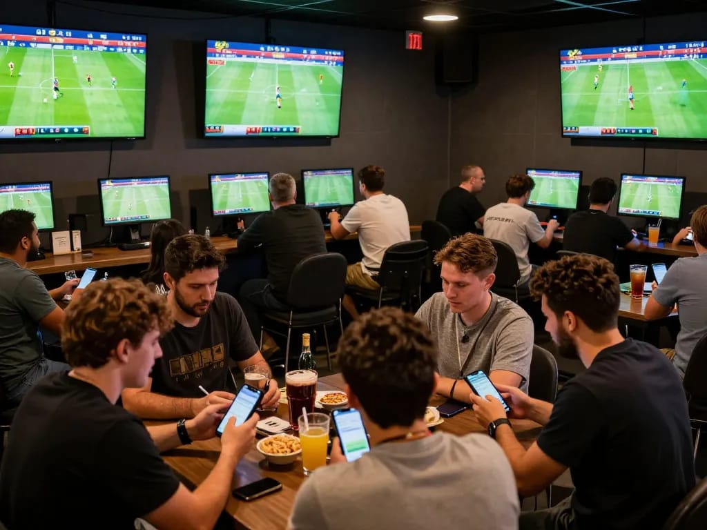Crowd engaging in ca khia sports betting excitement with live match displays and mobile devices.