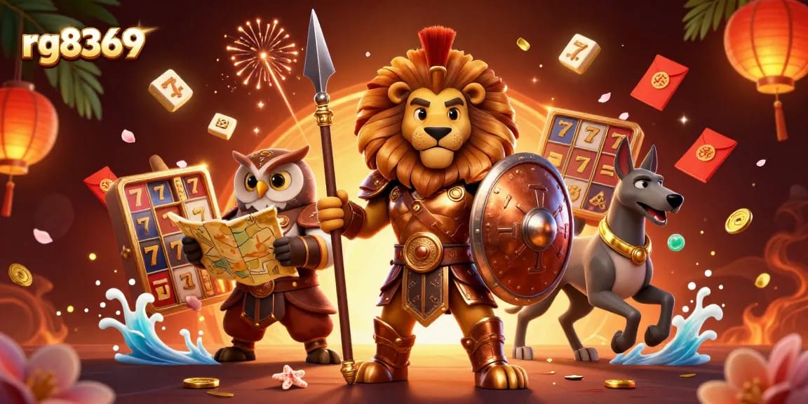 Experience the thrill of rg8369 with bold characters and vibrant casino elements in a dynamic 3D illustration.