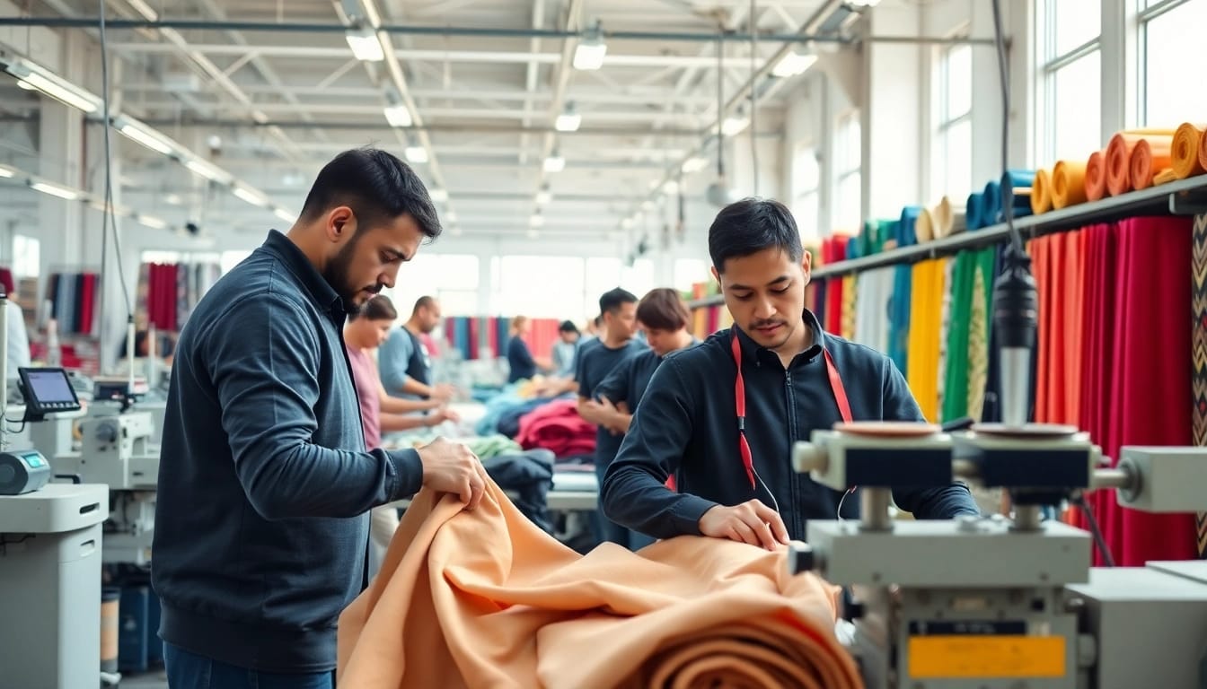Custom Apparel Manufacturer at work with skilled artisans and vibrant fabrics.
