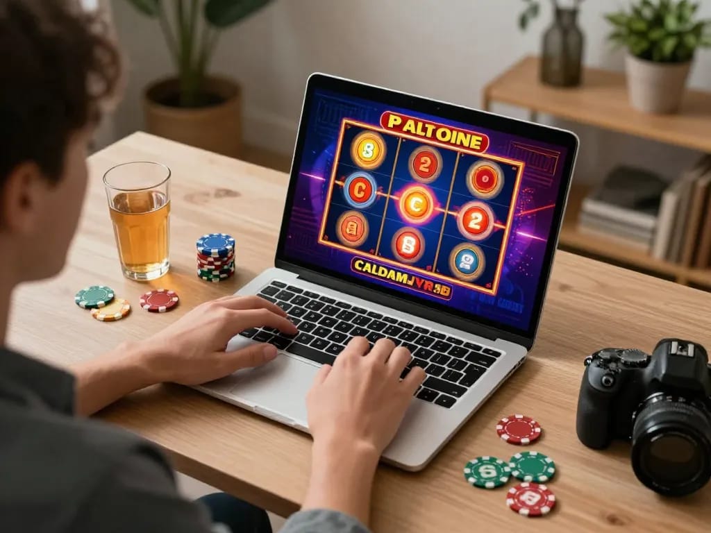Person enjoying online slot games on a laptop while using 88vv, with vibrant casino elements in a cozy atmosphere.