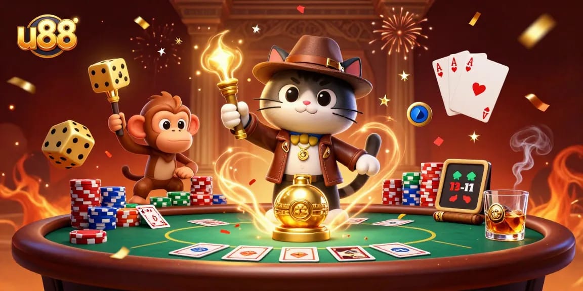 Engage in thrilling gameplay at u88 with an adventurous cat and monkey uncovering casino treasures.