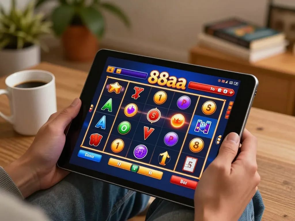 Play exciting 88aa games on a tablet, showcasing vibrant slot game action in a cozy setting.