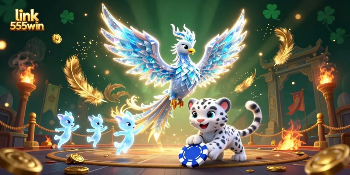 Engage with link 555win, featuring characters in 3D ice-themed casino scene full of vivid details.