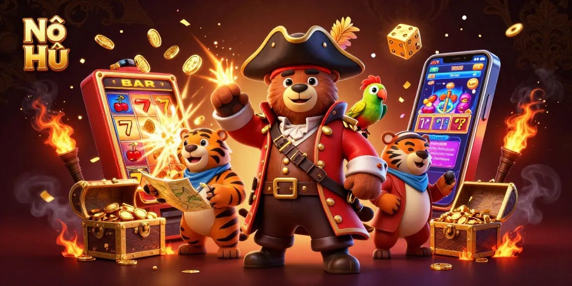 Experience the excitement of Nổ Hũ with a vibrant 3D jackpot scene featuring cartoon characters and dynamic casino elements.