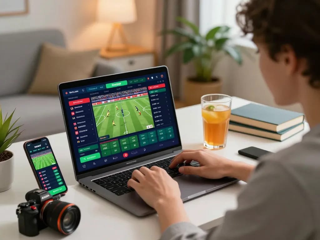 Engaged bettor using ta88 for live sports betting on a laptop and smartphone in a cozy environment.