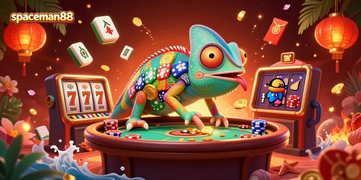 Experience the vibrant world of spaceman88 with a dynamic casino scene featuring a colorful chameleon.