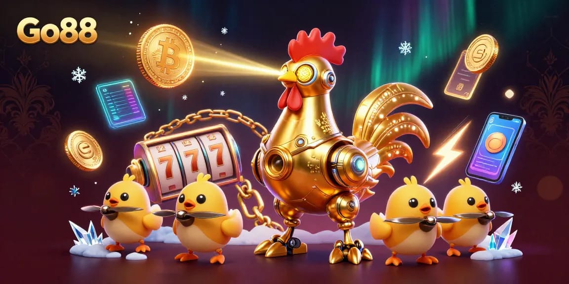 Experience the excitement of Go88 with a vibrant 3D illustration featuring a golden rooster robot and crypto-themed elements.