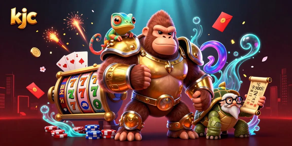 KJC gamified slot reels come alive with a gorilla king and wise tortoise in a vibrant casino scene.