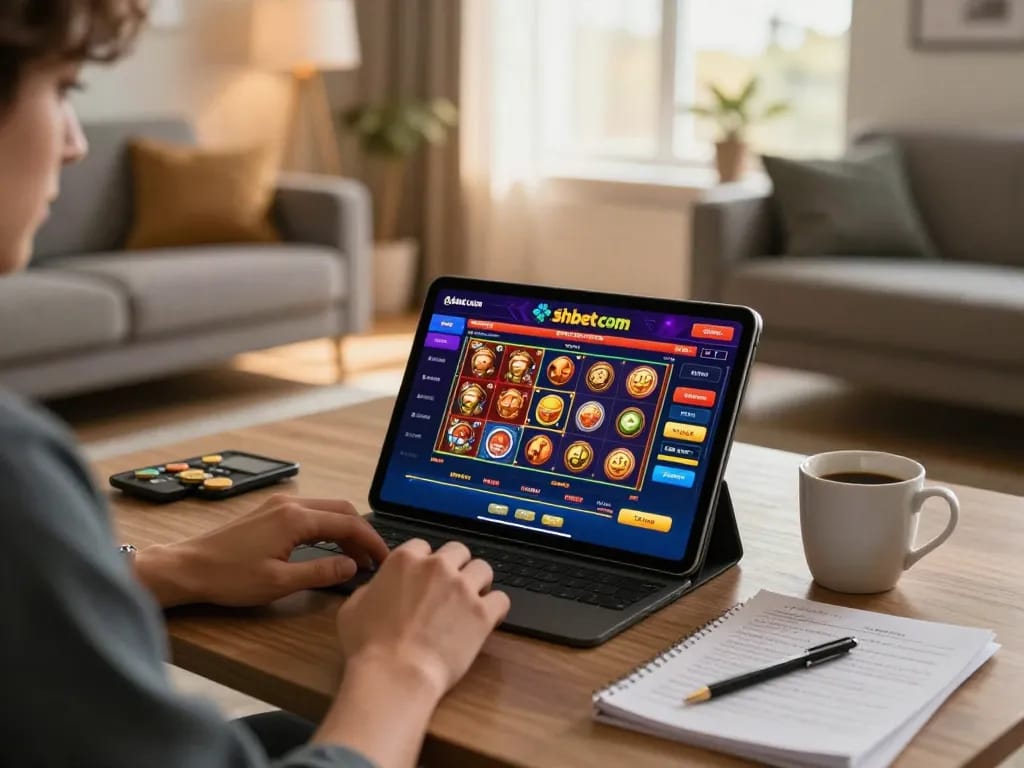 Player enjoying online casino games on shbet com, showing engaging tablet gameplay in a cozy setting