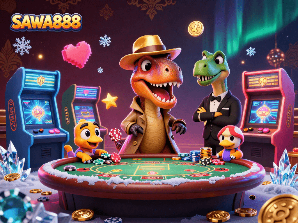 SAWA888 showcases a lively scene with a velociraptor card counter at a blackjack table, while colorful game elements enhance the casino atmosphere.