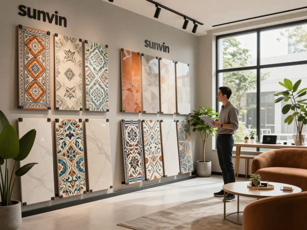 Sunvin premium ceramic tiles displayed in a luxurious showroom environment, depicting variety and elegance for discerning customers.