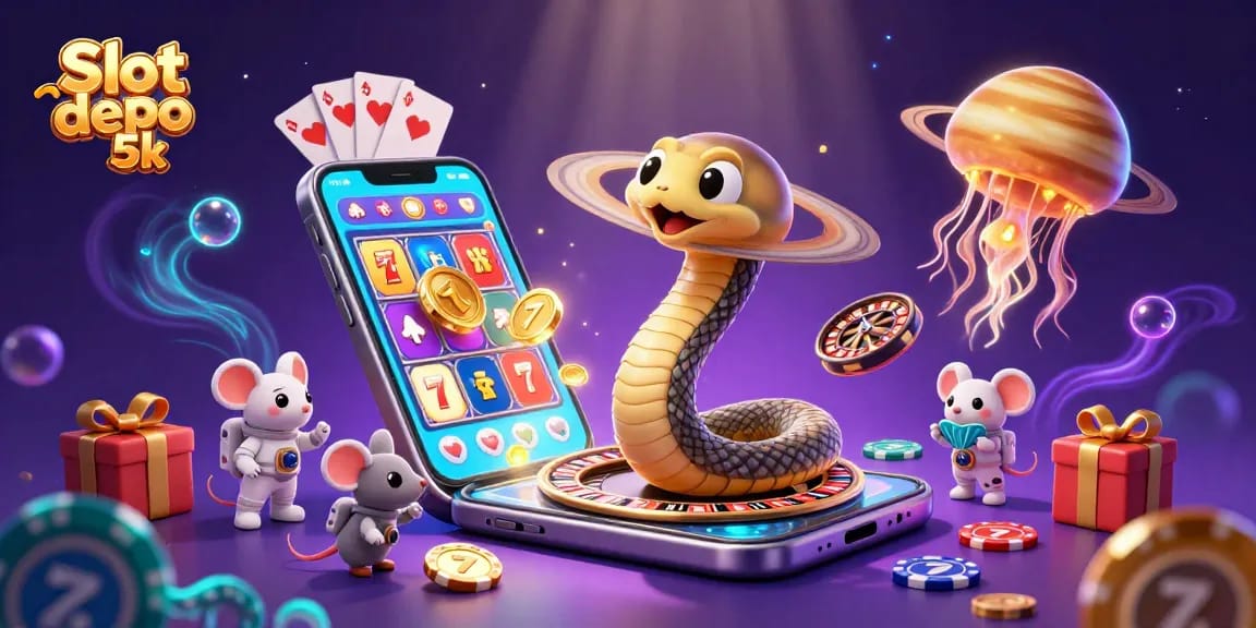 Experience the excitement of Slot depo 5k with a colorful illustration of playful astronauts betting on cosmic slot reels!