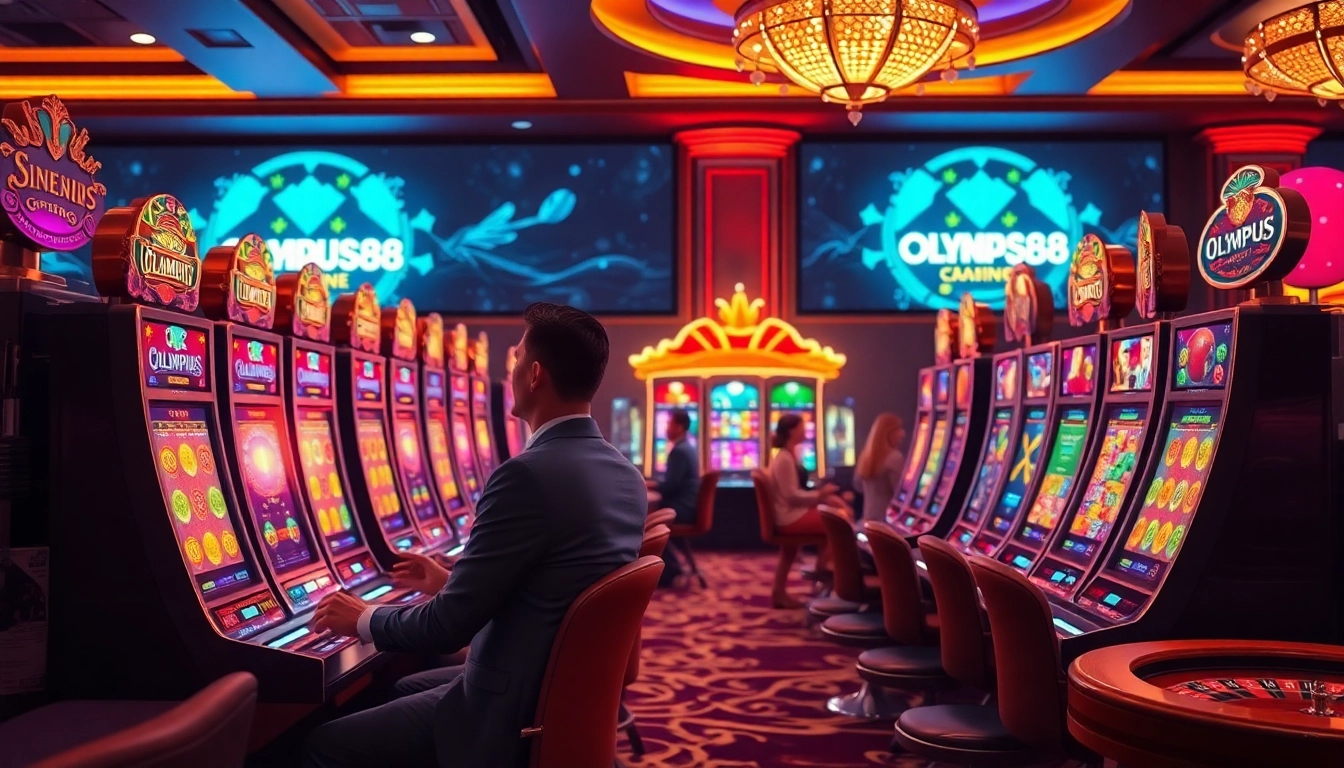 OLYMPUS88 gamblers celebrating a big win at modern slot machines in vibrant casino environment.