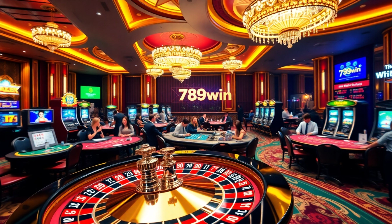 Action-packed scene at a 789win casino showcasing roulette, poker, and dynamic players.