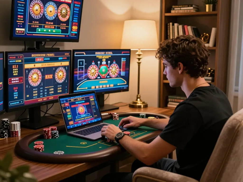 Player mastering online poker strategies at KP88 in a comfortable home office setting.