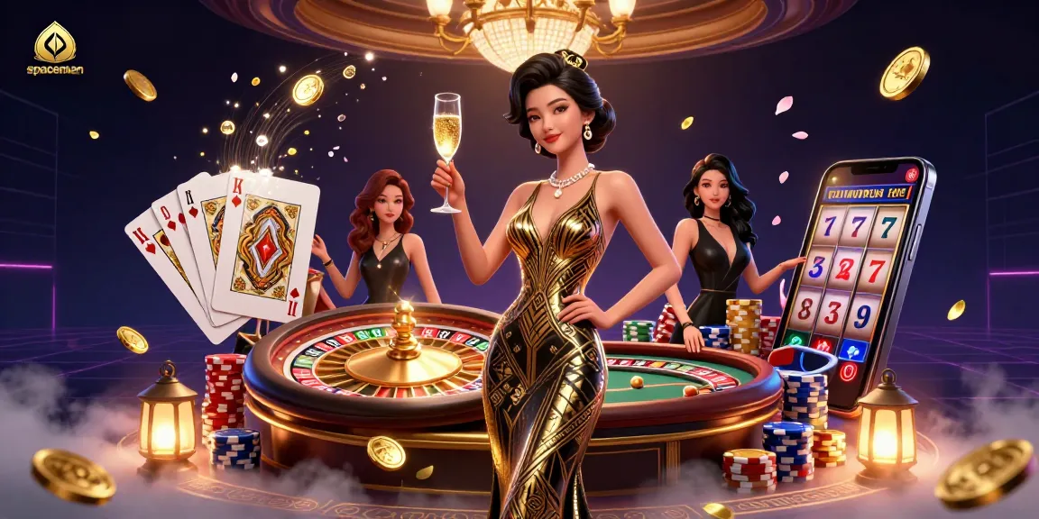 Experience the thrill of spaceman slot gaming as vibrant coins and cards illuminate the casino scene.