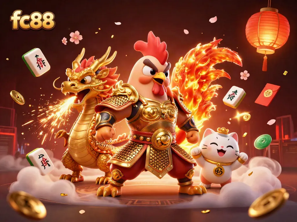 Experience the thrill of fc88 with an energized battle between warriors amidst vibrant casino elements.