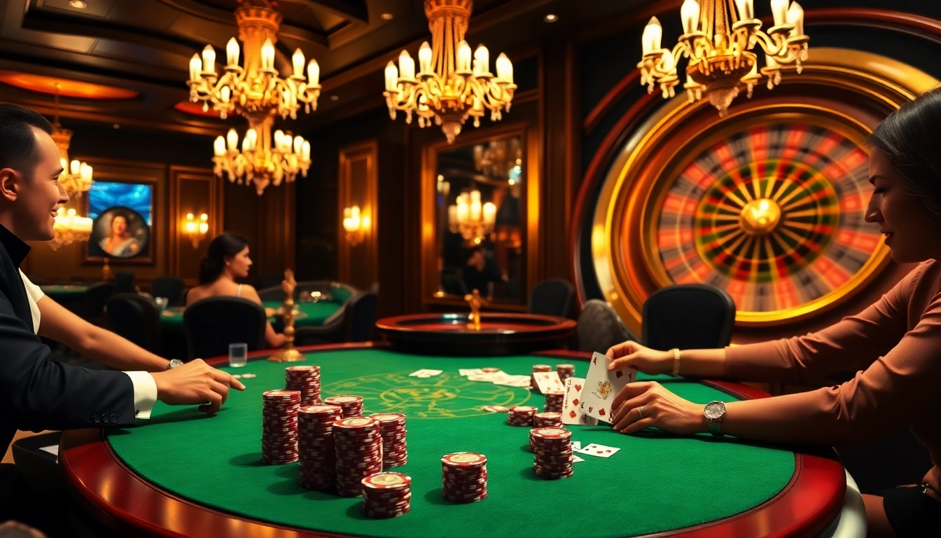 Daga's luxurious casino table showcasing a thrilling poker game in progress with vibrant chips and sophisticated decor.